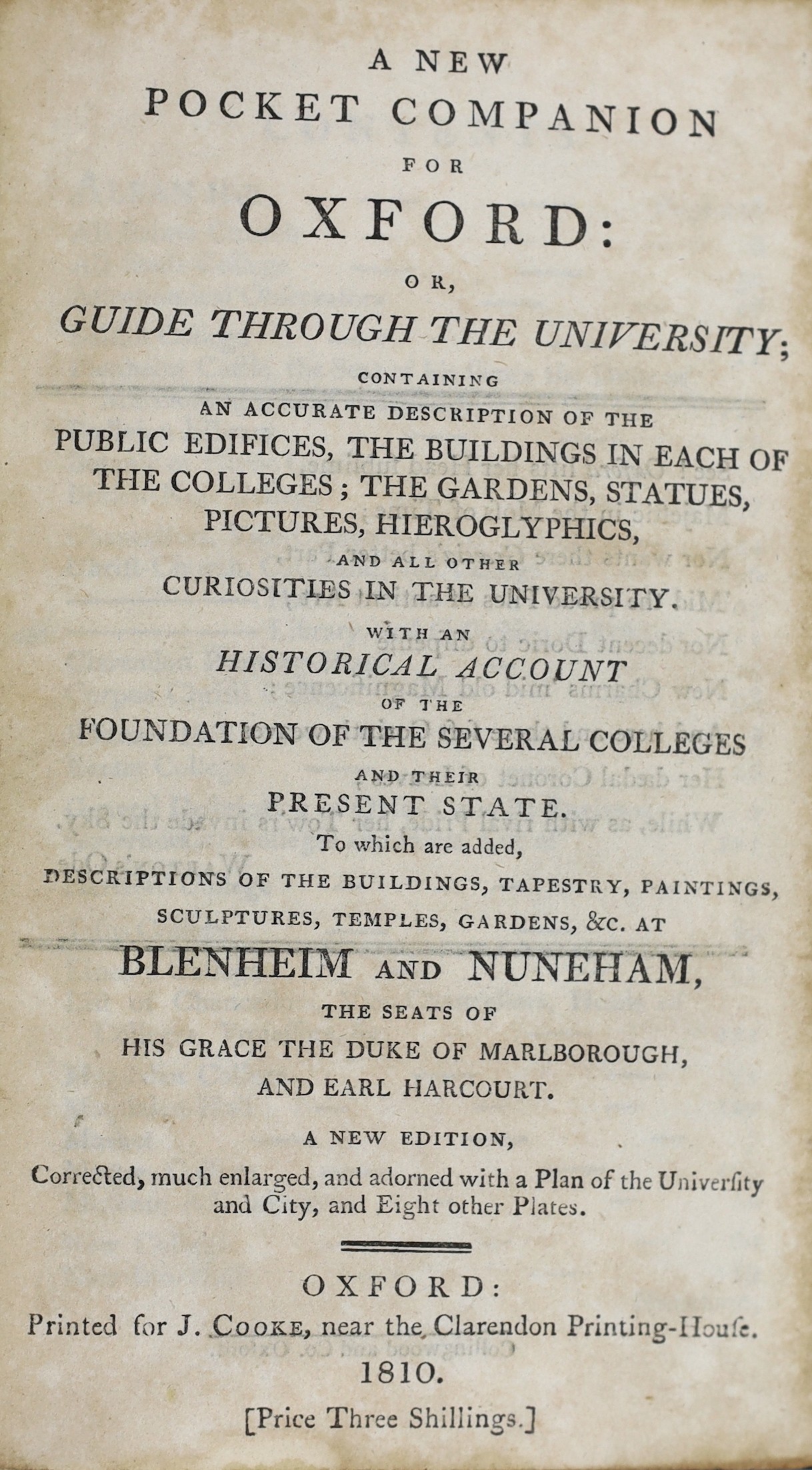 OXON: A New Pocket Companion for Oxford: or, Guide through the University....to which are added, Descriptions (of)....Blenheim, Ditchley, Heythrop, Nuneham, and Stour....new edition, corrected (etc.) folded plan and 6 pl